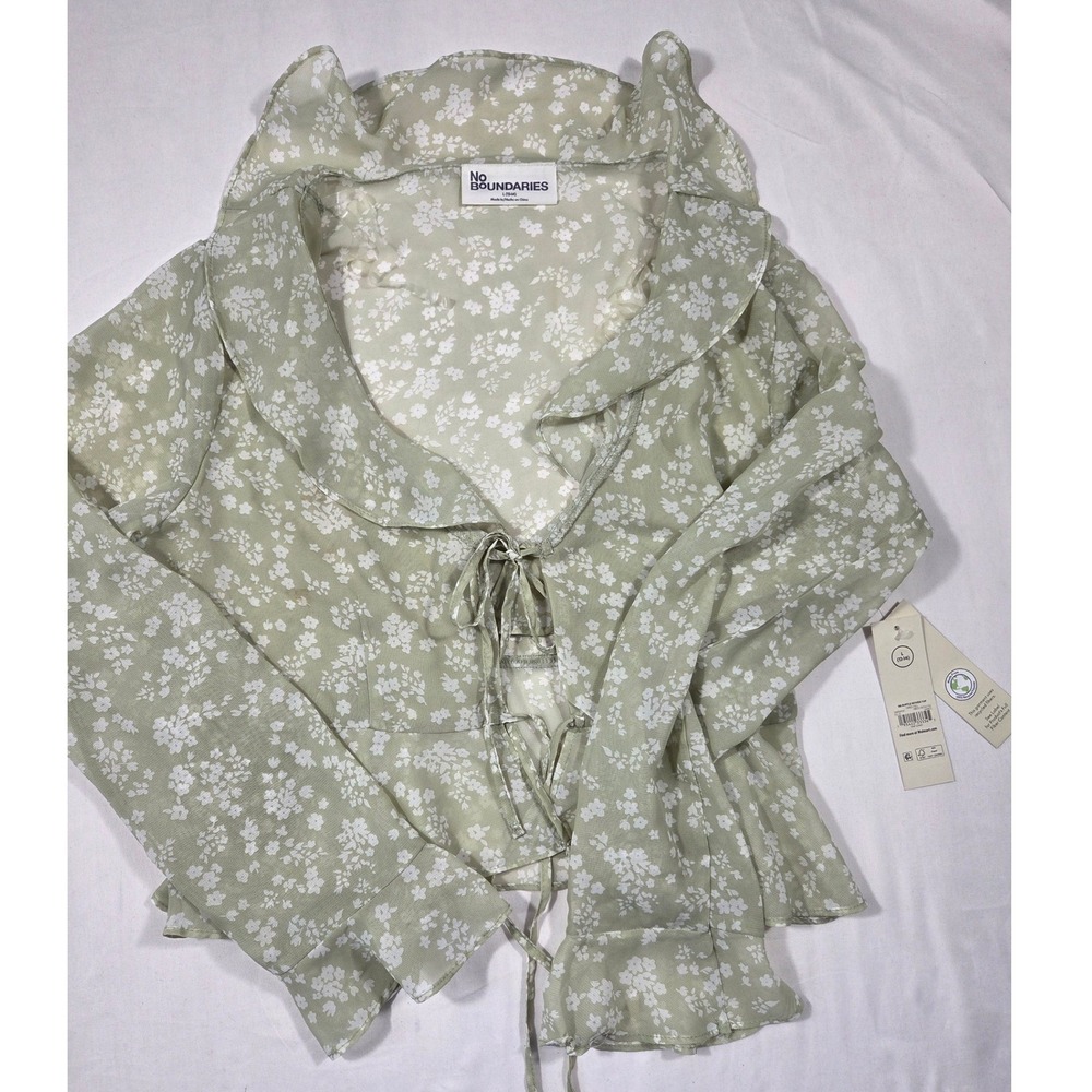 No Boundaries Ruffle Woven Top Dried Dill Green Floral Long Sleeve Large 12-14